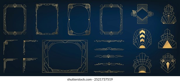 Collection of geometric art deco ornament. Luxury golden decorative element with different line, frame, headers, dividers, borders, gatsby. Set of elegant design suitable for card, invitation, poster.