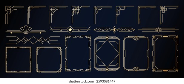 Collection of geometric art deco ornament. Luxury golden decorative elements with different lines, frames, headers, dividers and borders. Set of elegant design suitable for card, invitation, poster.