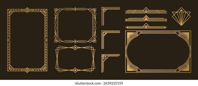 Collection of geometric art deco ornament. Luxury golden decorative elements with different lines, frames, headers, dividers and borders. Set of elegant design suitable for card, invitation, poster.