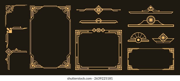 Collection of geometric art deco ornament. Luxury golden decorative elements with different lines, frames, headers, dividers and borders. Set of elegant design suitable for card, invitation, poster.