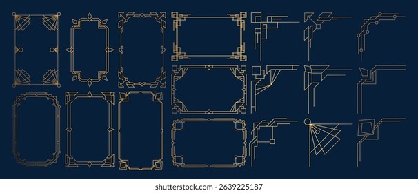 Collection of geometric art deco ornament. Luxury golden decorative elements with different lines, frames, headers, dividers and borders. Set of elegant design suitable for card, invitation, poster.