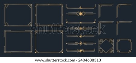 Collection of geometric art deco ornament. Luxury golden decorative elements with different lines, frames, headers, dividers and borders. Set of elegant design suitable for card, invitation, poster.