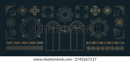 A collection of geometric Art Deco ornament vectors. Luxury golden decorative elements featuring various lines, frames, headers, dividers, and borders. A set of gold-foil line designs. Elegant and suitable for cards, invitations, and posters.