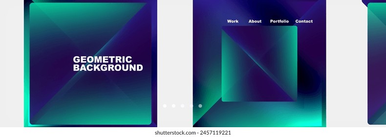 A collection of geometric backgrounds featuring a vibrant blue and purple gradient. The rectangles, symmetry, and colorful hues create a visually stunning display for any device