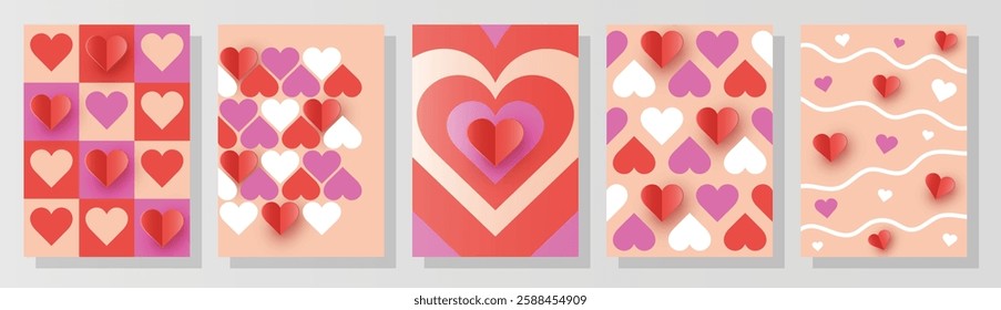 Collection of geometric backgrounds with paper cut heart. Modern design for Valentine’s Day, Mother’s Day and Women’s Day. Vector illustration