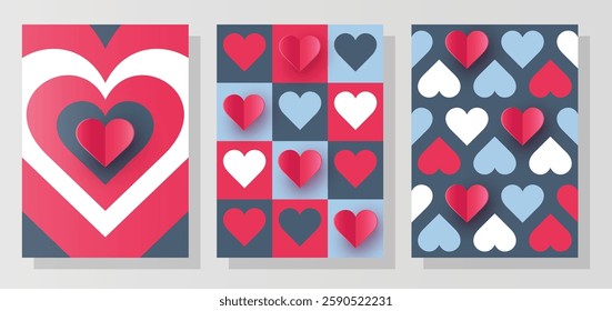 Collection of geometric backgrounds with paper cut heart. Modern design for Valentine’s Day, Mother’s Day and Women’s Day. Vector illustration