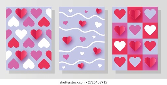 Colección de fondos geométricos con corazones cortados en papel. Diseño moderno para el día de San Valentín, el día de la madre y el día de la mujer. Ilustración vectorial