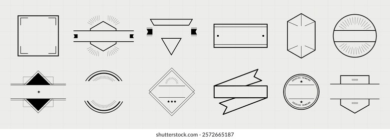A collection of geometric badge templates. Includes circles, rectangles, and triangles. Perfect for design projects, these badge templates offer versatility and style. Badge frame element vector set.
