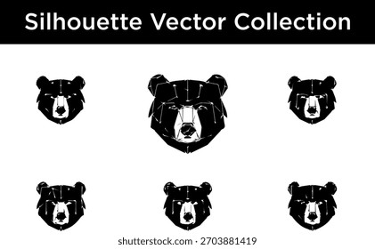 Una colección de siluetas geométricas de cabeza de oso negro, presentadas en un estilo de Vector minimalista.