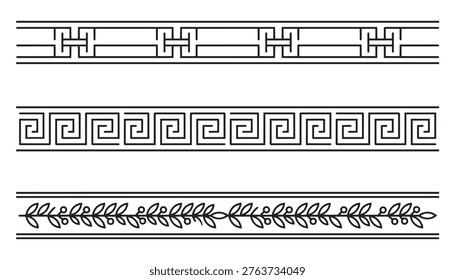 Collection of geometric borders and dividers with repeating patterns. Linear abstract designs in a Greek key style laurel wreath and architectural motifs.
