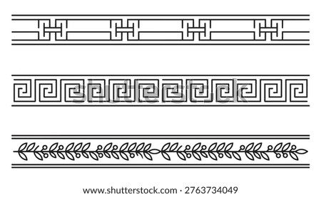 Collection of geometric borders and dividers with repeating patterns. Linear abstract designs in a Greek key style laurel wreath and architectural motifs.