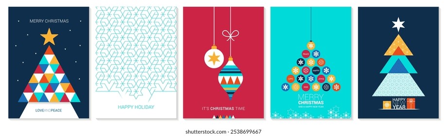 Collection of Geometric Christmas Decorated Greeting Cards. Five Colorful Vector Design Templates for Christmas and Winter Holidays Best Wishes.