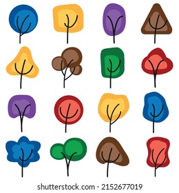 Collection of geometric colored abstract trees. Set of different tree shapes isolated on white background. vector illustration.