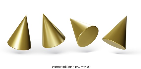 Collection of geometric cones isolated on white background. 3d geometric shapes objects. Render decorative figure for design. Vector illustration