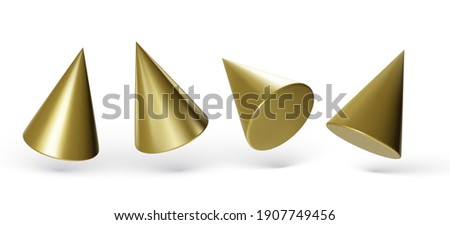 Collection of geometric cones isolated on white background. 3d geometric shapes objects. Render decorative figure for design. Vector illustration