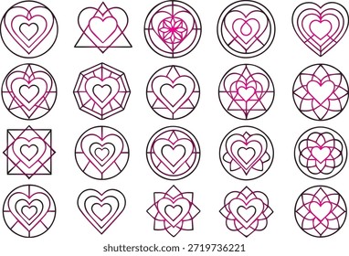 Una colección de diseños geométricos con corazones encerrados dentro de varias Formas como círculos, triángulos y polígonos en tonos rosados