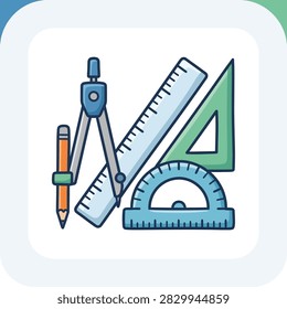 A collection of geometric drawing tools including a compass, ruler, protractor, and triangle ruler for precise measurements and drafting.