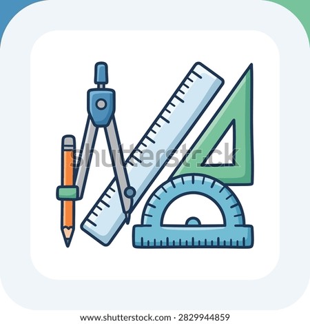 A collection of geometric drawing tools including a compass, ruler, protractor, and triangle ruler for precise measurements and drafting.