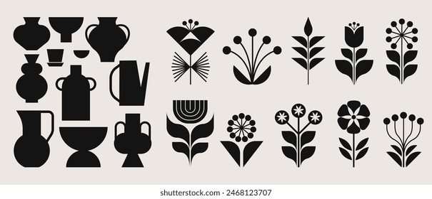 Collection of geometric flowers and vases, modern minimalist style elements. Black and white symbols, brand and logo elements. Vector illustrations