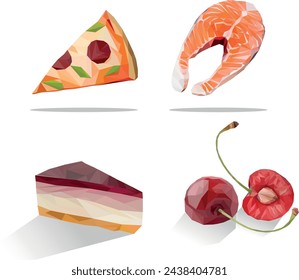 A collection of geometric food figures. Cherry, pie, fish, pizza. Vector illustration