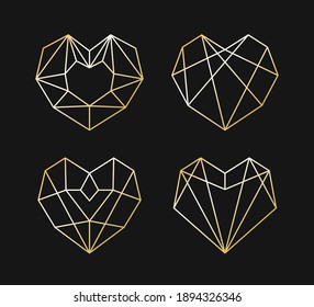 Kollektion geometrischer goldener Herzform. Vektorgrafik-Set mit poligonaler Linie goldenes Herz-Logo-Design. Liebessymbol. Lineares Symbol. Valentinstag oder Hochzeitseinladung, Valentinstag-Element