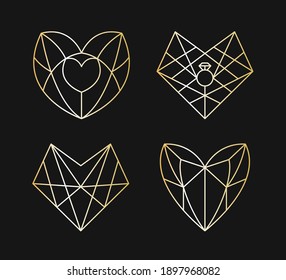 Collection of geometric golden heart shape. Vector illustration set of poligonal line gold heart logo design. Love symbol. Linear icon. Valentine's day or wedding invitation, Valentines day element