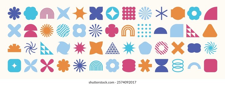 Collection of geometric graphic elements. Brutalist style abstract shapes. Retro design. Vector illustration
