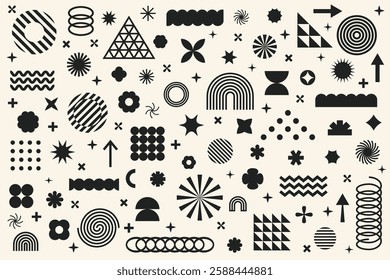 Collection of geometric graphic elements. Brutalist style abstract shapes. Retro design. Vector illustration