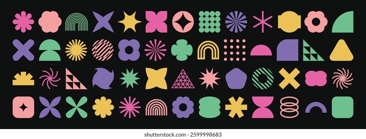 Collection of geometric graphic elements. Brutalist style abstract shapes. Retro design. Vector illustration