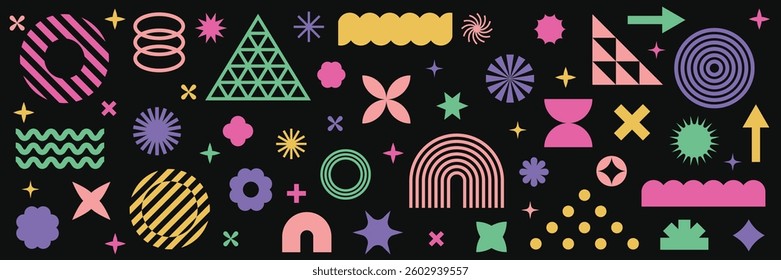 Collection of geometric graphic elements. Brutalist style abstract shapes. Retro design. Vector illustration