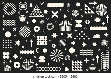 Collection of geometric graphic elements. Brutalist style abstract shapes. Retro design. Vector illustration