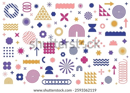 Collection of geometric graphic elements. Brutalist style abstract shapes. Retro design. Vector illustration