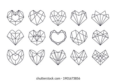 Collection of geometric heart shape. Vector illustration set of poligonal heart logo design. Love symbol. Simple linear icon. Valentine's day or wedding invitation element isolated on white background