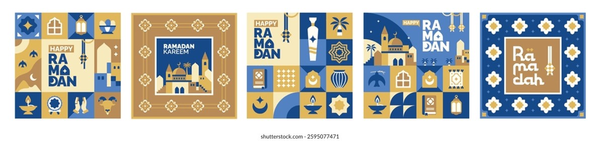 collection of geometric illustrations of ramadan kareem in flat style, middle eastern landscapes and minimalist islamic icons	
