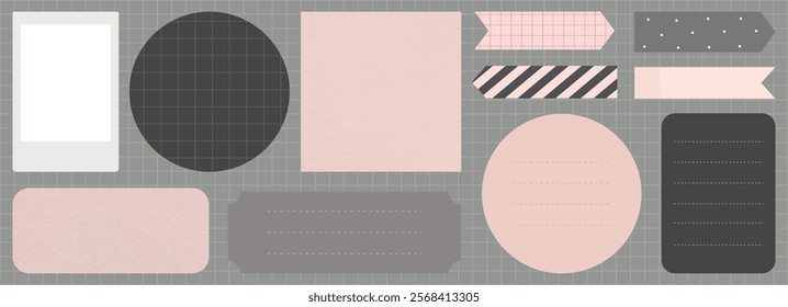 A collection of geometric labels in soft pink, black, and gray. Includes circles, rectangles, and arrows. Perfect for scrapbooking and design projects. Memo element vector set.