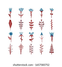 Collection of geometric leaves and flowers in flat style. Vector floral element set. Unusual decorative plants