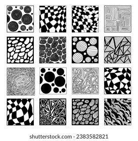 Collection geometric modern patterns backgrounds doodles. Vector illustration. Isolated square blacks patterns, abstract posters, texture