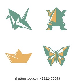 A collection of geometric origami animals and objects including a crane, frog, boat, and butterfly.