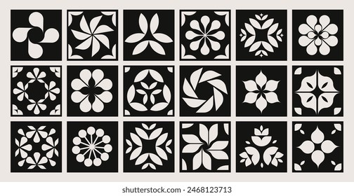 Kollektion von geometrischen Mustern, Fliesen mit Blumen und Formen, moderne minimalistische Stil-Elemente. Schwarz-Weiß-Symbole, brande und Logo-Elemente. Vektorillustrationen