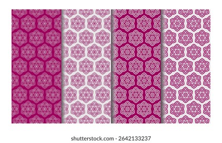A collection of geometric patterns which combines geometric shapes with floral motifs to create a unique design. Can be used for wallpaper, textiles, or other decorative applications. 