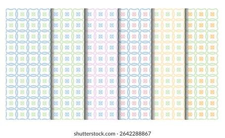 A collection of geometric patterns which combines circular shapes with floral motifs in pastel colors. Can be used for wallpaper, textiles, or other decorative applications. 