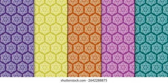 A collection of geometric patterns which combines geometric shapes with floral motifs to create a unique design. Can be used for wallpaper, textiles, or other decorative applications. 