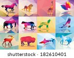 Collection of geometric polygon animals, horse, lion, giraffe, butterfly, elephant, leopard, wolf, eagle, deer, buffalo, shark, vector illustration