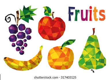 Collection of geometric polygonal fruits, apple, orange, banana, pear and grape, Vector illustration