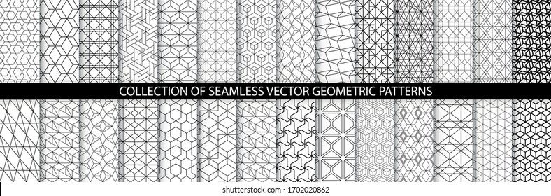 Collection of geometric seamless patterns. Abstract geometric hexagonal textures. Seamless vector monochrome backgrounds.