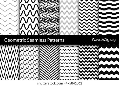 Collection of geometric seamless patterns. Black and white wave&zigzag texture.