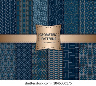 Colección de motivos geométricos sin costura en colores rizados: azul, cobalto, ultramarino, zafiro, naranja, arena, ocero, oro.