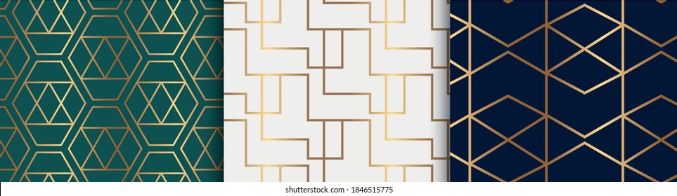 Colección de motivos geométricos sin costura, en colores elegantes y curados - azul, cobalto, ultramarino, zafiro, verde, blanco, esmeralda, dorado.