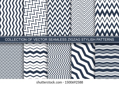 Collection of geometric seamless striped patterns - blue and white zigzag textures. Vector textile repeatable backgrounds.