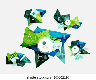 Collection of geometric shape triangle infographic layouts - origami option graphics layouts made of glossy pieces